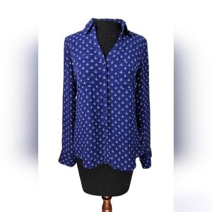 ♥️ EXPRESS PORTOFINO SHIRT BUTTON DOWN - NAVY BLUE ANCHOR PRINT WOMEN'S SIZE S|P